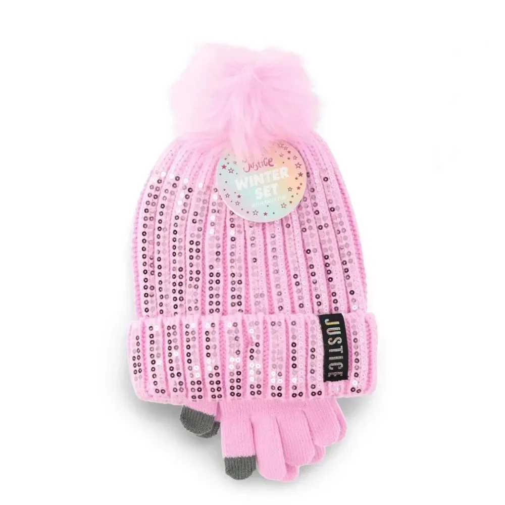 Girls Justice Ribbed & Full Print Winter Cozy Beanie and Gloves 2, 2-Piece Sets